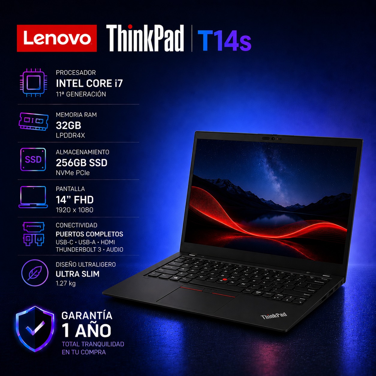 LENOVO THINKPAD T14s i7 11th 16GB 256 SSD WIN 11 PRO 14" FHD USADA