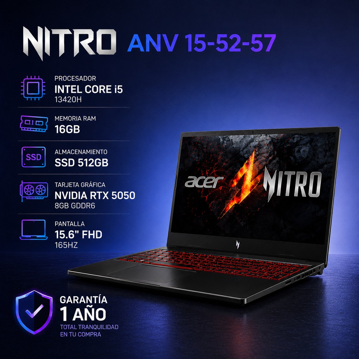 AT 2024 NUEVO NITRO ANV 15-52-57 I5 13420H RAM 16GB SSD 512GB RTX 5050 8GB 15.6" 165HZ FHD
