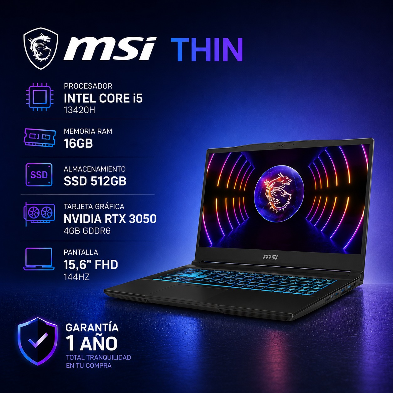 MSI THIN 15 INTEL CORE I5 13420H 16GB SSD 512GB RTX 3050 4GB 15.6" Nuevo SI