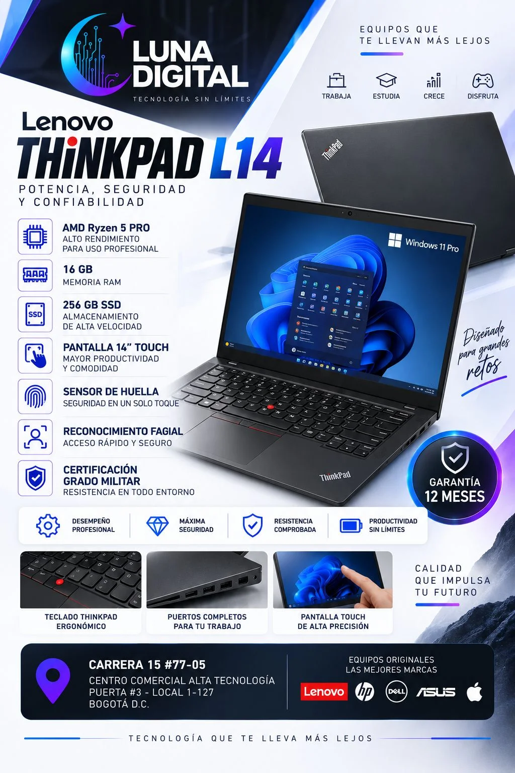 LENOVO THINKPAD L14 PANTALLA TOUCH RYZEN 5 PRO RAM 16 GB SSD 256GB